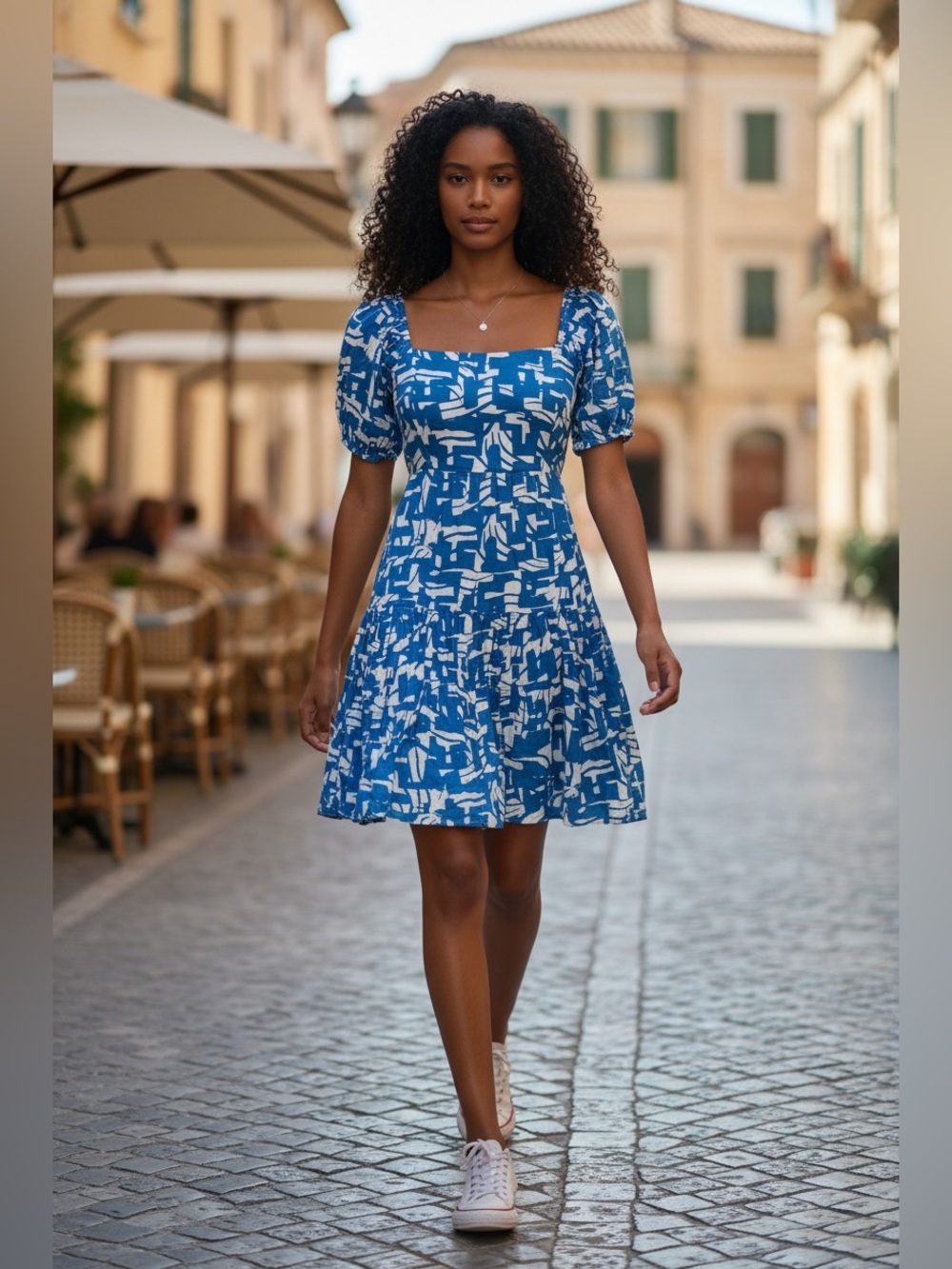 Japna Blue and White Abstract Puff-Sleeve Backless Dress